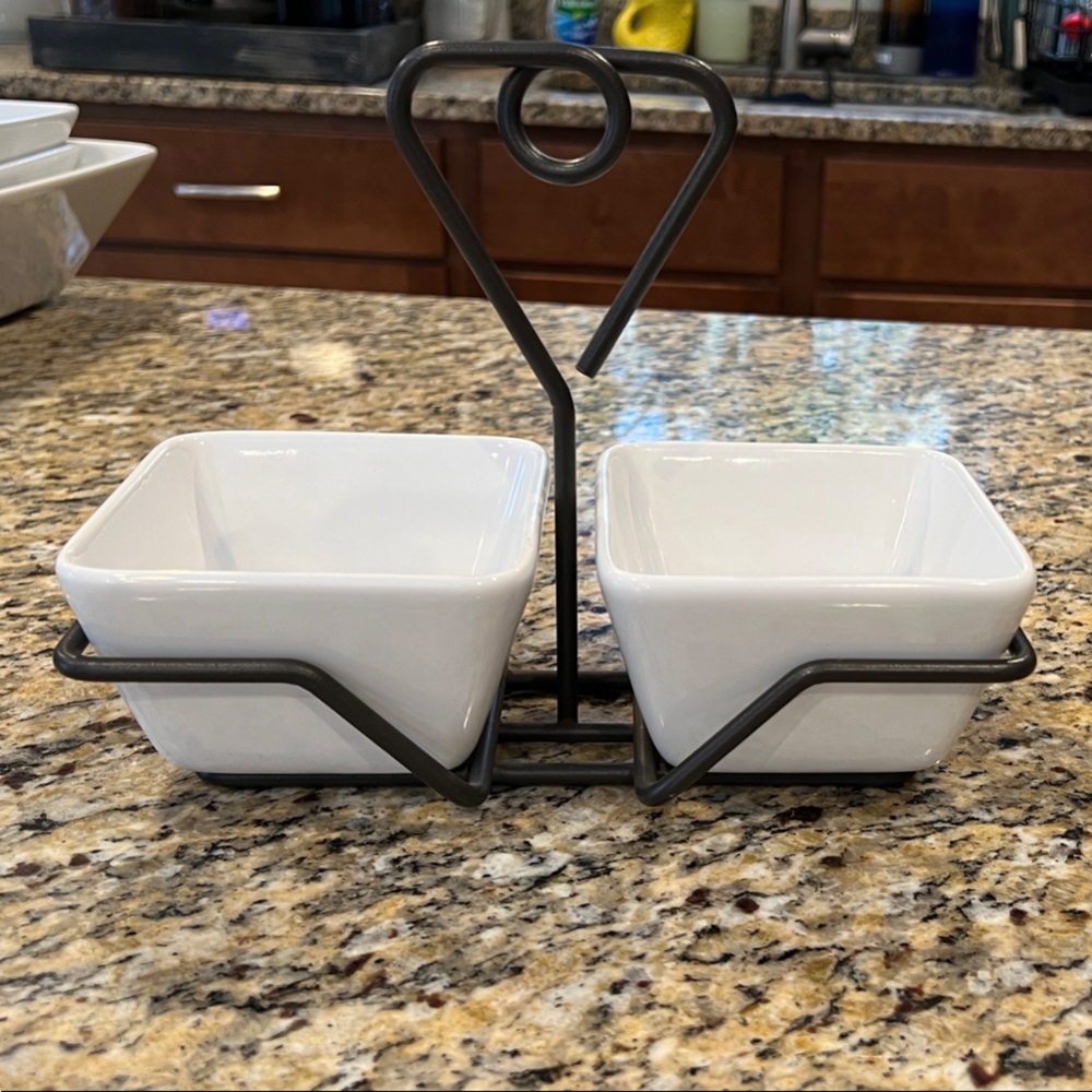 White Ceramic Condiment Bowls with Metal Stand